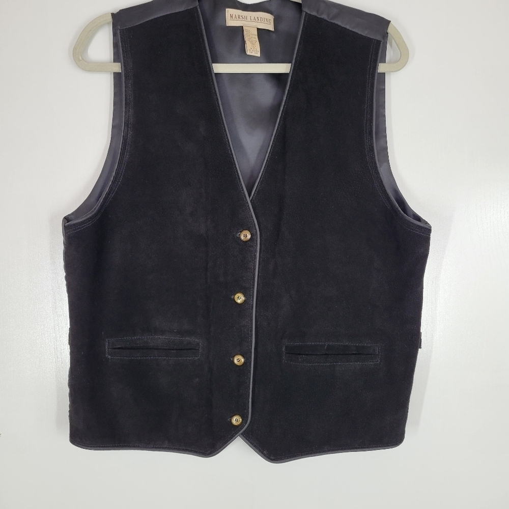 Vtg Marsh Landing Large Black Leather Button up Vest‎ Suede Sleeveless Western